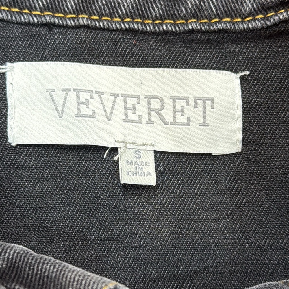 Veveret Small Black Distressed Button Up Denim Jacket Frayed Hem Edgy - Picture 2 of 13